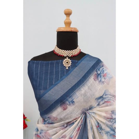 Generic Women's Linen Digital Print Saree With Unstitched Blouse 5.5Mtr (Blue)