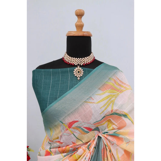 Generic Women's Linen Digital Print Saree With Unstitched Blouse 5.5Mtr (Green)