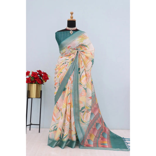 Generic Women's Linen Digital Print Saree With Unstitched Blouse 5.5Mtr (Green)