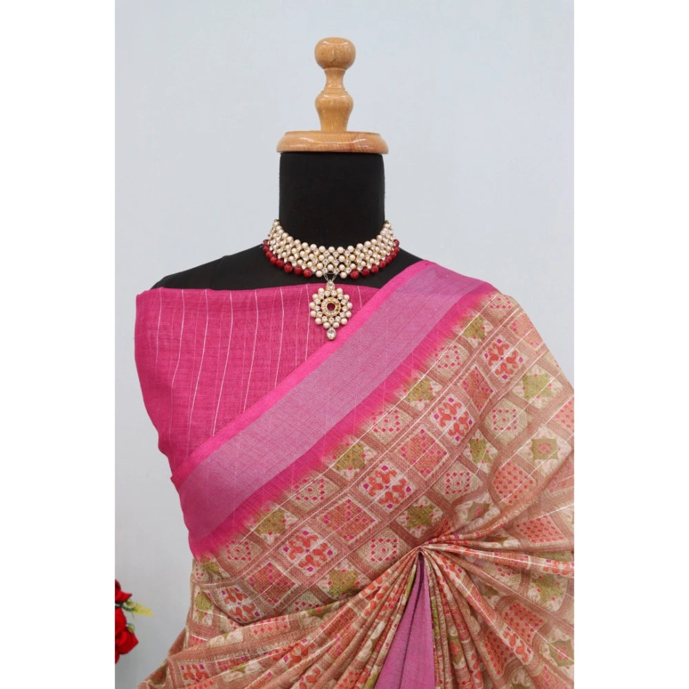Generic Women's Linen Digital Print Saree With Unstitched Blouse 5.5Mtr (Pink)