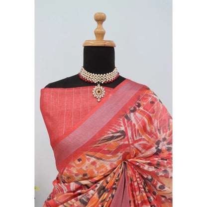Generic Women's Linen Digital Print Saree With Unstitched Blouse 5.5Mtr (Pink)