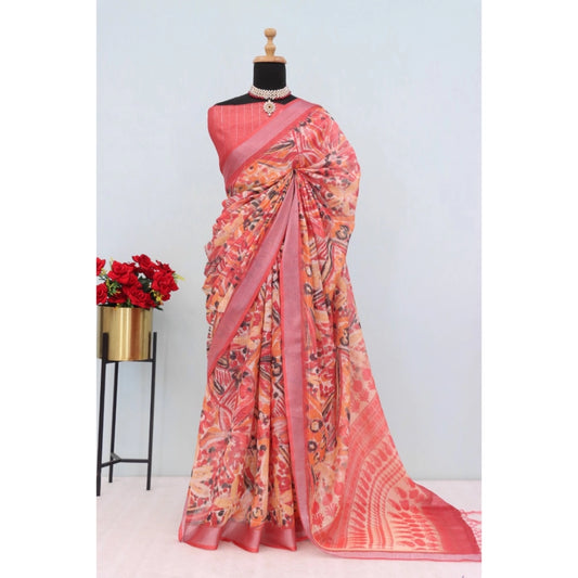 Generic Women's Linen Digital Print Saree With Unstitched Blouse 5.5Mtr (Pink)