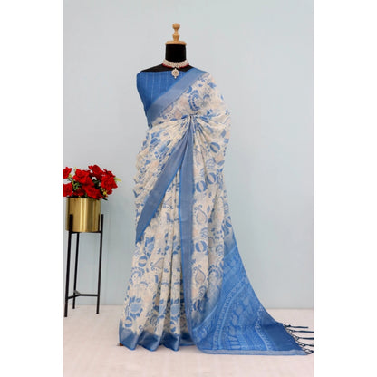 Generic Women's Linen Digital Print Saree With Unstitched Blouse 5.5Mtr (Blue)