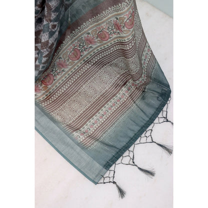 Generic Women's Linen Digital Print Saree With Unstitched Blouse 5.5Mtr (Grey)