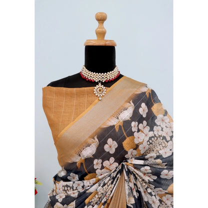 Generic Women's Linen Digital Print Saree With Unstitched Blouse 5.5Mtr (Black)