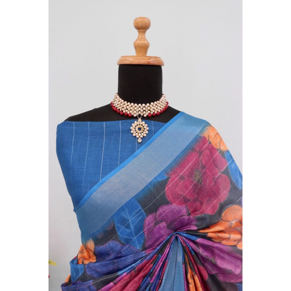 Generic Women's Linen Digital Print Saree With Unstitched Blouse 5.5Mtr (Blue)