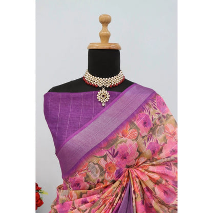 Generic Women's Linen Digital Print Saree With Unstitched Blouse 5.5Mtr (Purple)