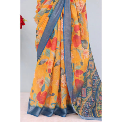 Generic Women's Linen Digital Print Saree With Unstitched Blouse 5.5Mtr (Yellow)