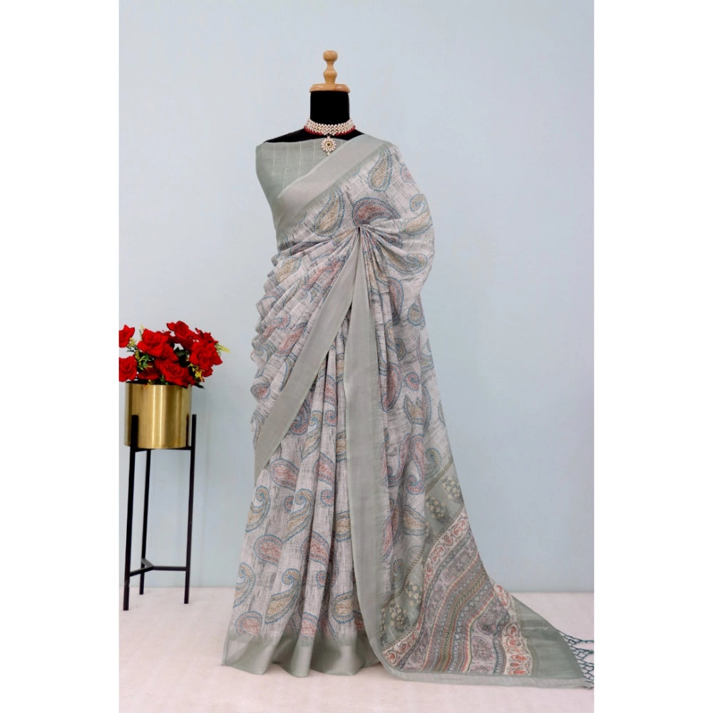 Generic Women's Linen Digital Print Saree With Unstitched Blouse 5.5Mtr (Grey)