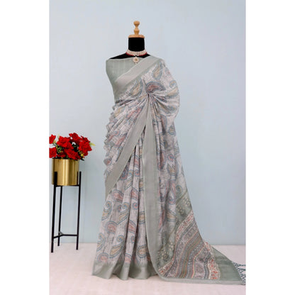Generic Women's Linen Digital Print Saree With Unstitched Blouse 5.5Mtr (Grey)