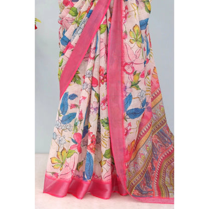 Generic Women's Linen Digital Print Saree With Unstitched Blouse 5.5Mtr (pink)