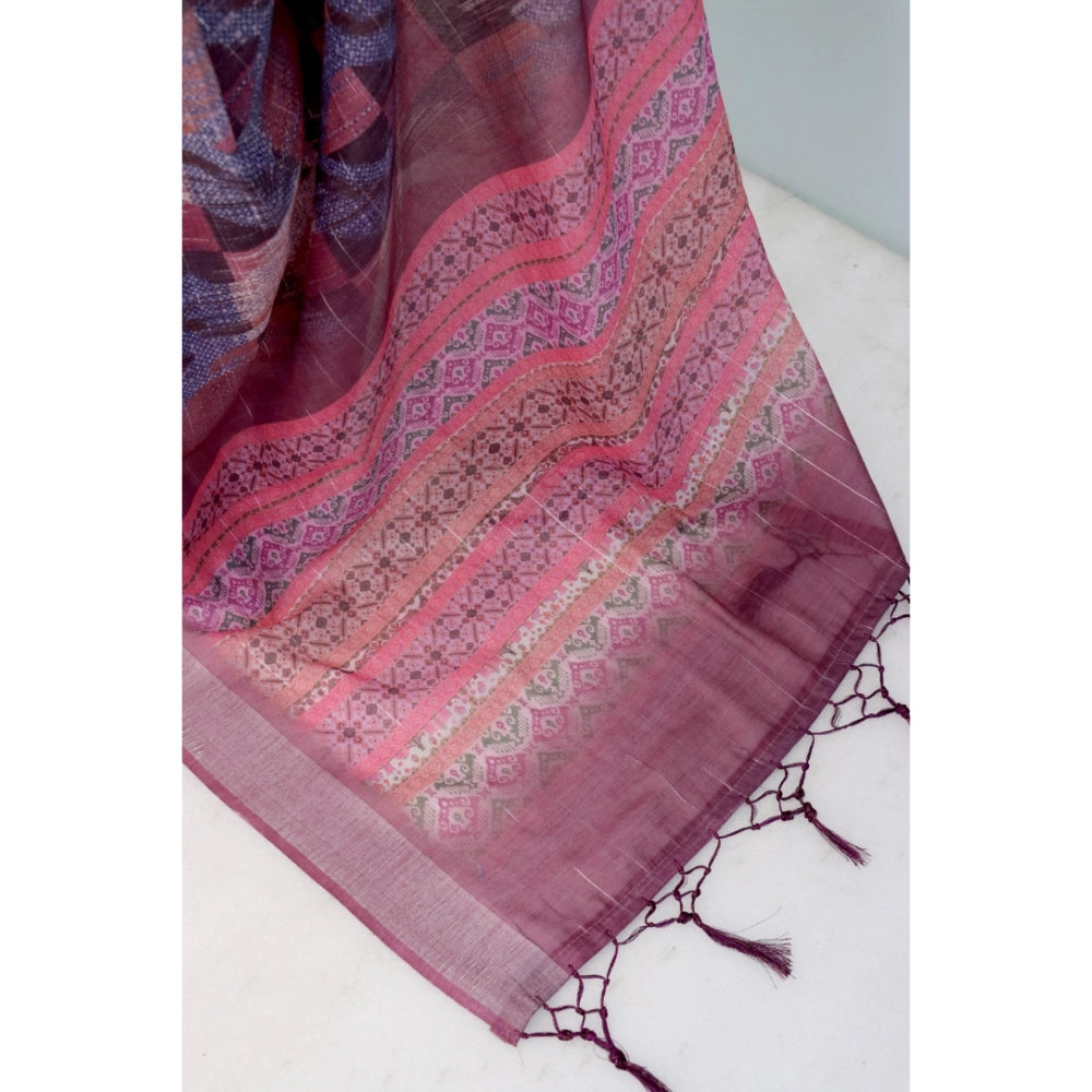 Generic Women's Linen Digital Print Saree With Unstitched Blouse 5.5Mtr (Pink)