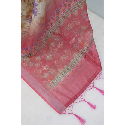Generic Women's Linen Digital Print Saree With Unstitched Blouse 5.5Mtr (Pink)