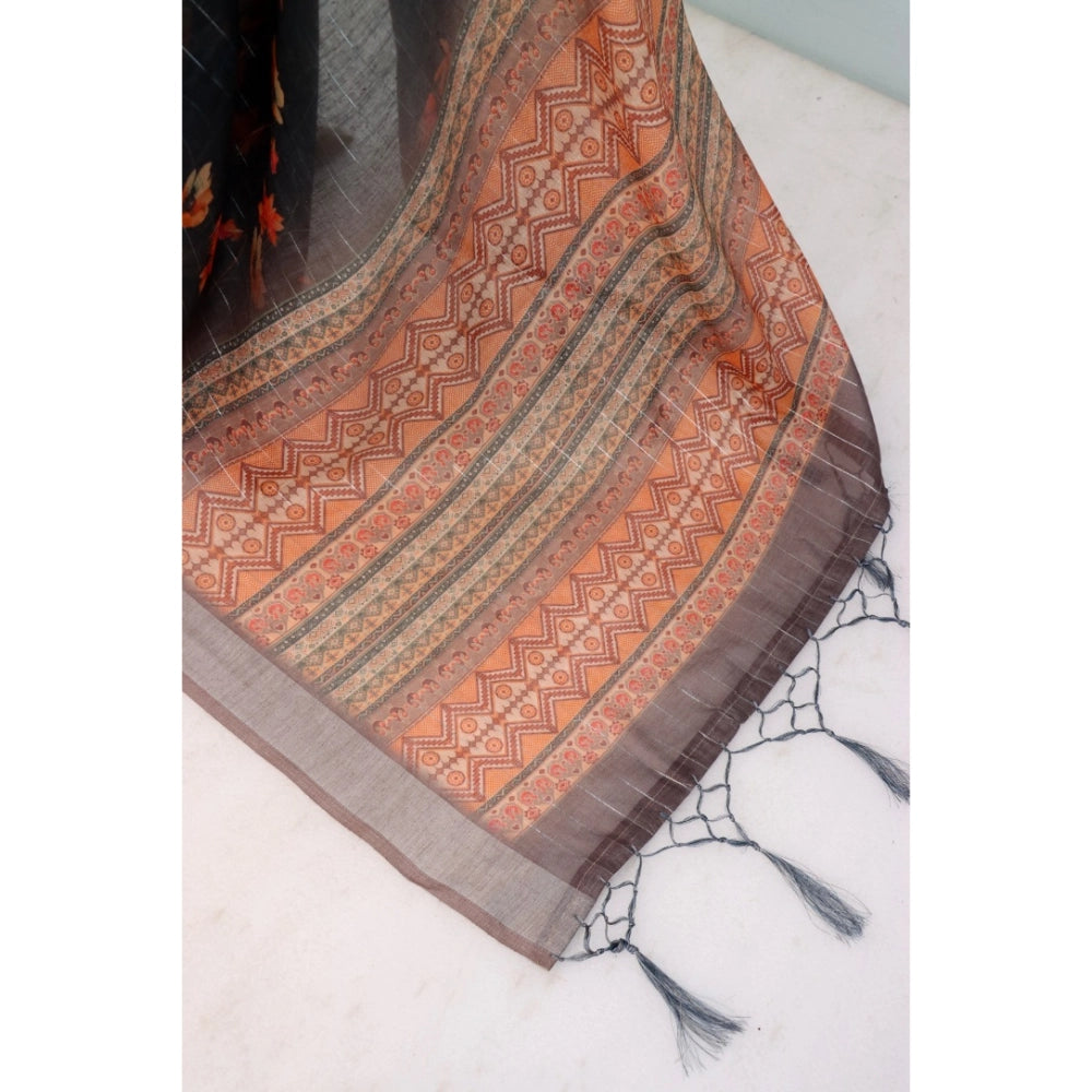 Generic Women's Linen Digital Print Saree With Unstitched Blouse 5.5Mtr (Black)