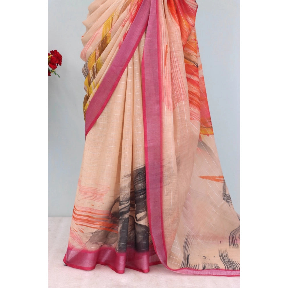 Generic Women's Linen Digital Print Saree With Unstitched Blouse 5.5Mtr (Multicolor)