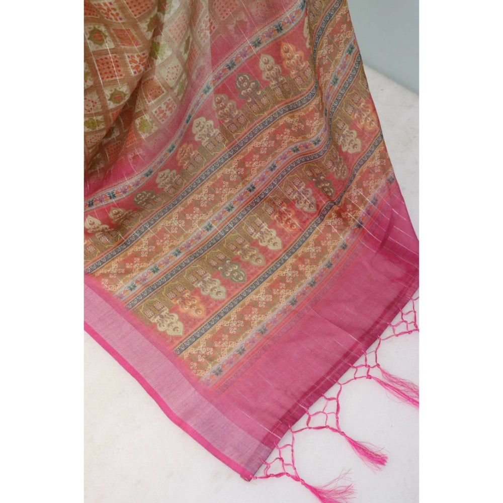 Generic Women's Linen Digital Print Saree With Unstitched Blouse 5.5Mtr (Pink)