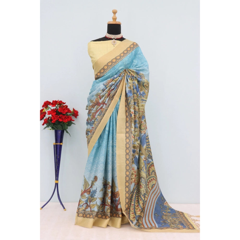 Generic Women's Mysore Silk  Digital Print Saree With Unstitched Blouse 5.5Mtr (Sky Blue)