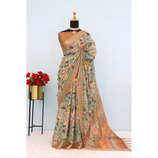 Generic Women's Linen Digital Print Saree With Unstitched Blouse 5.5Mtr (Beige)