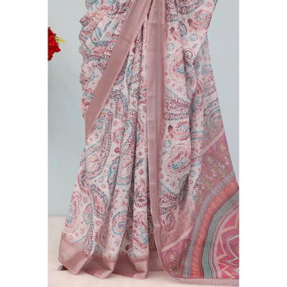 Generic Women's Linen Digital Print Saree With Unstitched Blouse 5.5Mtr (Brown)