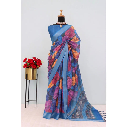 Generic Women's Linen Digital Print Saree With Unstitched Blouse 5.5Mtr (Blue)