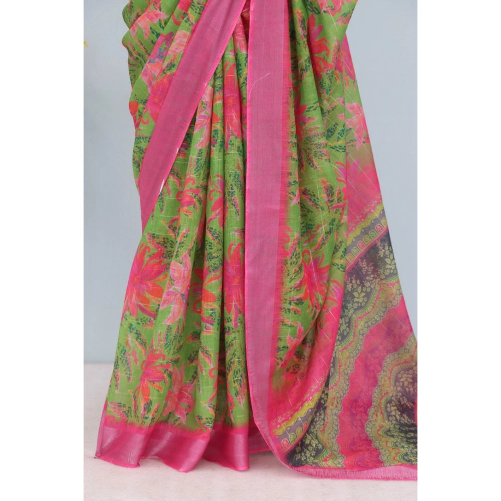 Generic Women's Linen Digital Print Saree With Unstitched Blouse 5.5Mtr (Green)