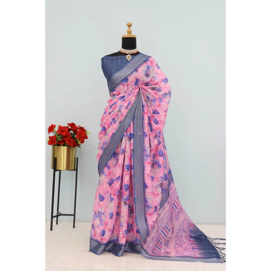 Generic Women's Linen Digital Print Saree With Unstitched Blouse 5.5Mtr (Multicolor)