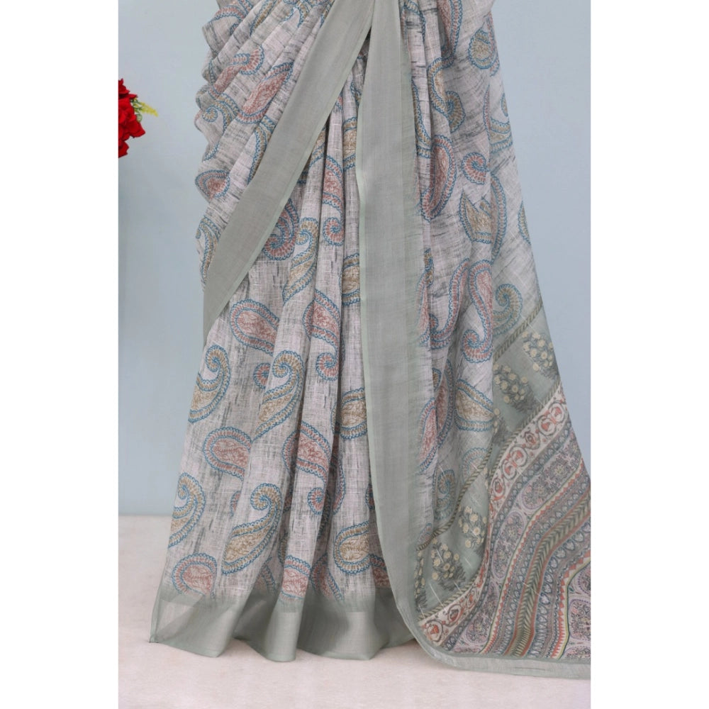 Generic Women's Linen Digital Print Saree With Unstitched Blouse 5.5Mtr (Grey)