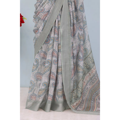 Generic Women's Linen Digital Print Saree With Unstitched Blouse 5.5Mtr (Grey)