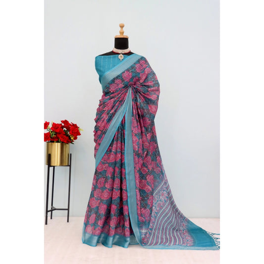 Generic Women's Linen Digital Print Saree With Unstitched Blouse 5.5Mtr (Blue)