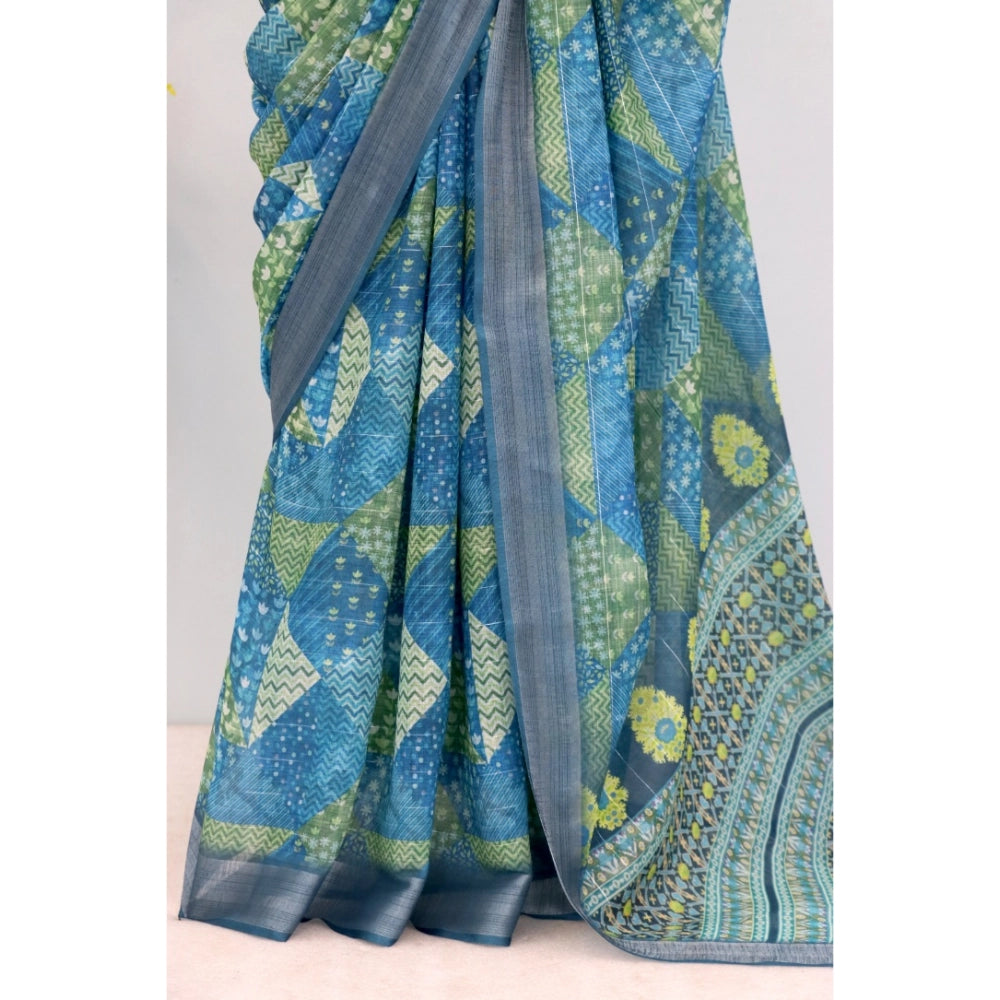 Generic Women's Linen Digital Print Saree With Unstitched Blouse 5.5Mtr (Green)