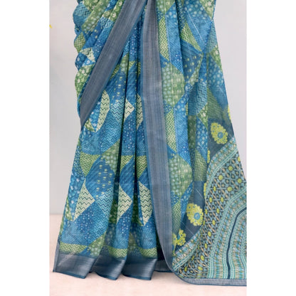 Generic Women's Linen Digital Print Saree With Unstitched Blouse 5.5Mtr (Green)
