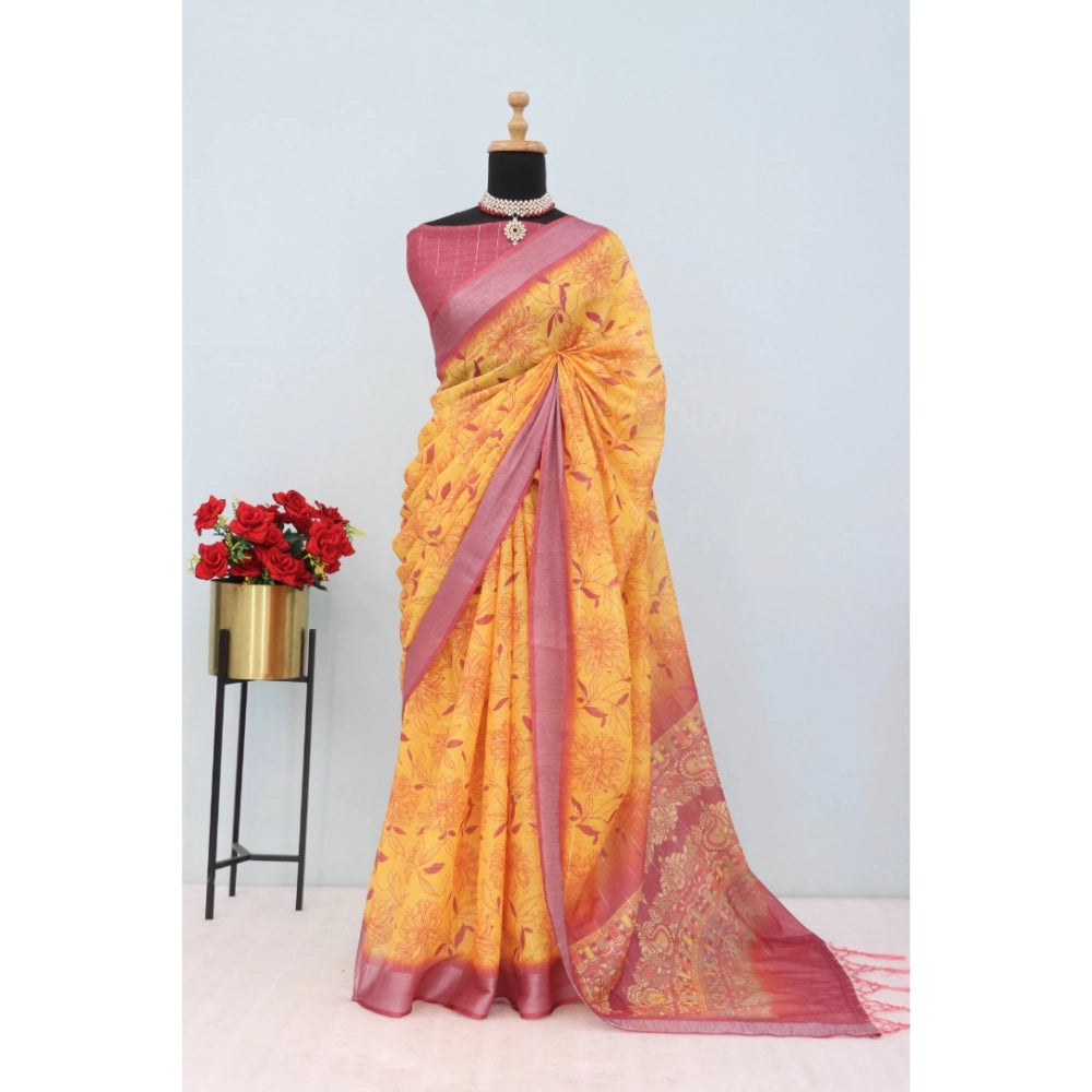 Generic Women's Linen Digital Print Saree With Unstitched Blouse 5.5Mtr (Mustard)