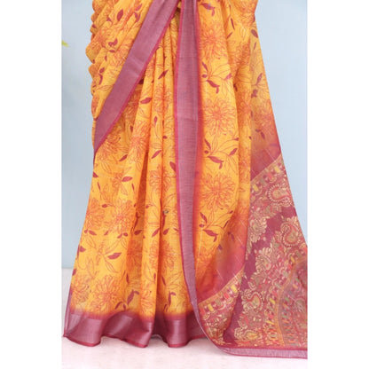 Generic Women's Linen Digital Print Saree With Unstitched Blouse 5.5Mtr (Mustard)