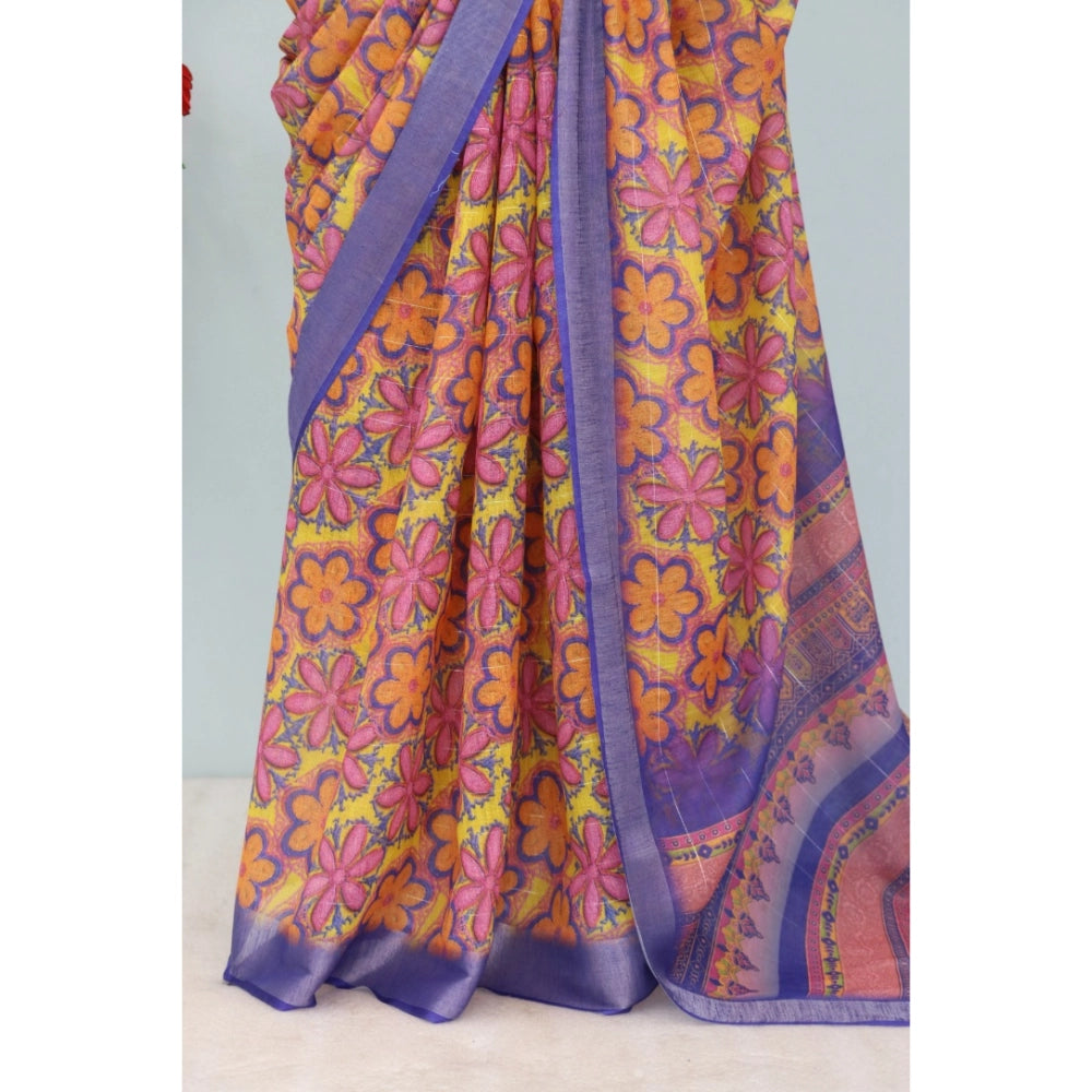 Generic Women's Linen Digital Print Saree With Unstitched Blouse 5.5Mtr (Multicolor)