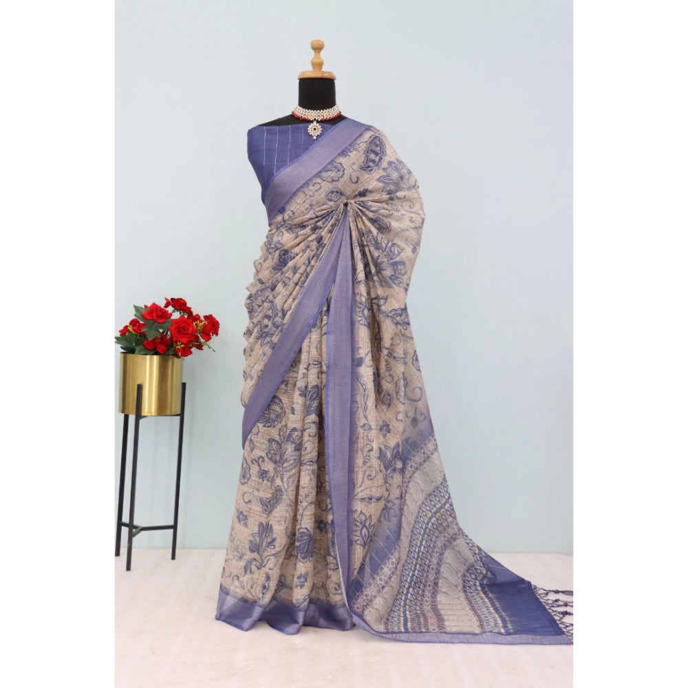 Generic Women's Linen Digital Print Saree With Unstitched Blouse 5.5Mtr (Blue)