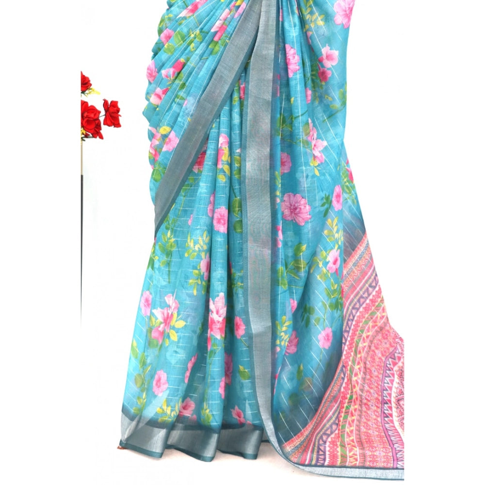 Generic Women's Linen Digital Print Saree With Unstitched Blouse 5.5Mtr (Green)