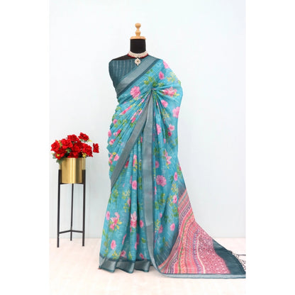 Generic Women's Linen Digital Print Saree With Unstitched Blouse 5.5Mtr (Green)