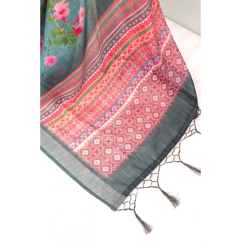 Generic Women's Linen Digital Print Saree With Unstitched Blouse 5.5Mtr (Green)