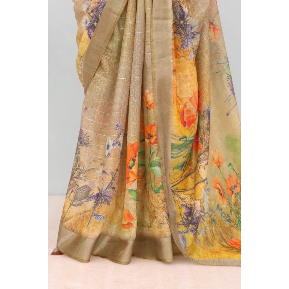 Generic Women's Linen Digital Print Saree With Unstitched Blouse 5.5Mtr (Multicolor)