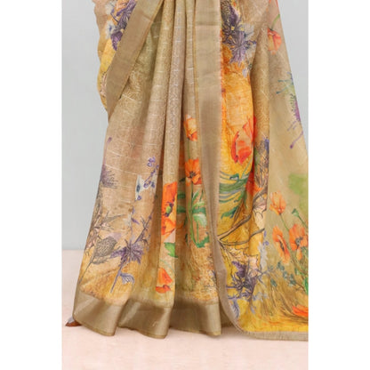 Generic Women's Linen Digital Print Saree With Unstitched Blouse 5.5Mtr (Multicolor)