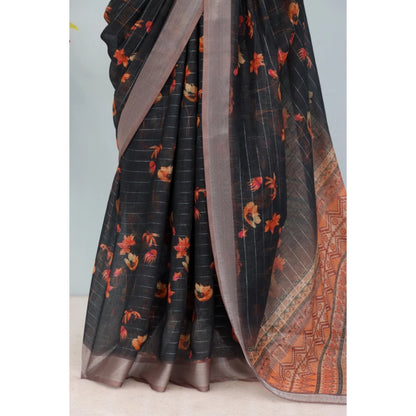 Generic Women's Linen Digital Print Saree With Unstitched Blouse 5.5Mtr (Black)