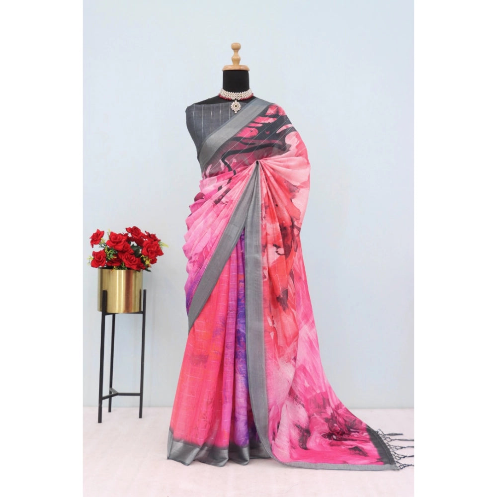 Generic Women's Linen Digital Print Saree With Unstitched Blouse 5.5Mtr (Pink)