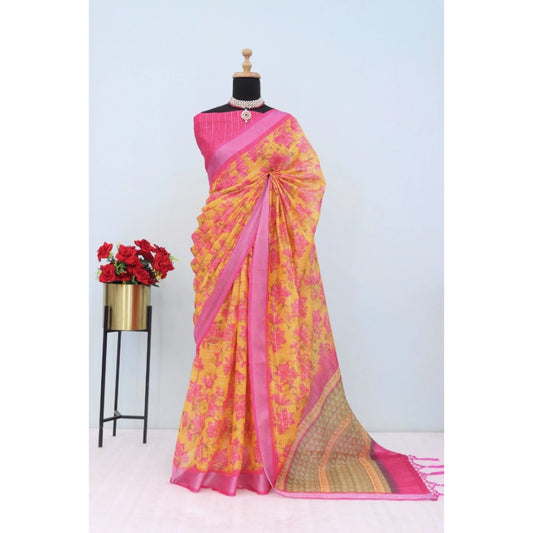 Generic Women's Linen Digital Print Saree With Unstitched Blouse 5.5Mtr (Yellow)