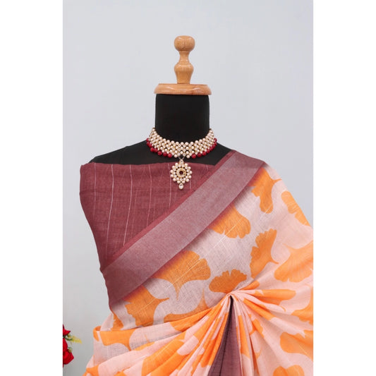 Generic Women's Linen Digital Print Saree With Unstitched Blouse 5.5Mtr (Orange)