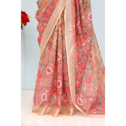 Generic Women's Linen Digital Print Saree With Unstitched Blouse 5.5Mtr (Orange)