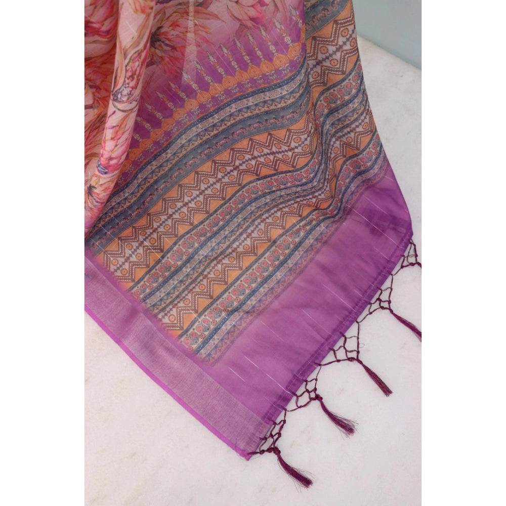 Generic Women's Linen Digital Print Saree With Unstitched Blouse 5.5Mtr (Purple)