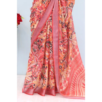 Generic Women's Linen Digital Print Saree With Unstitched Blouse 5.5Mtr (Pink)