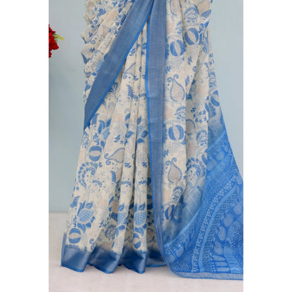 Generic Women's Linen Digital Print Saree With Unstitched Blouse 5.5Mtr (Blue)