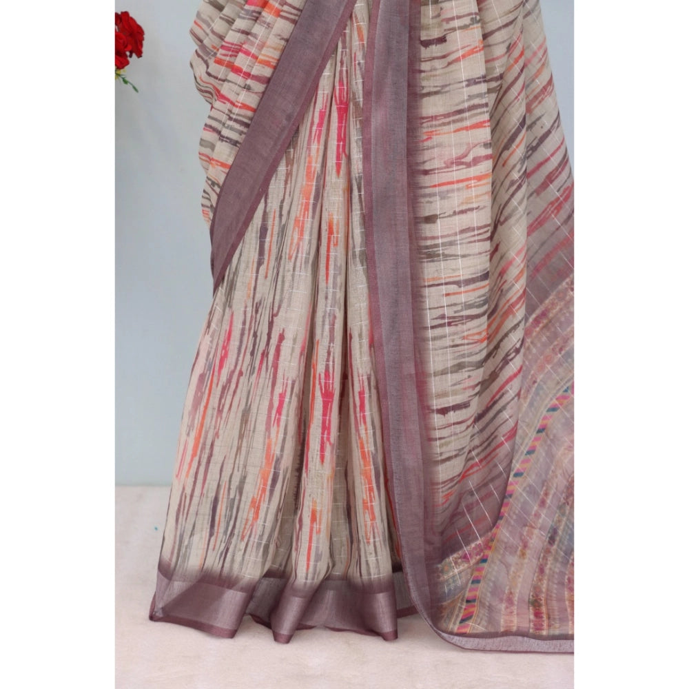 Generic Women's Linen Digital Print Saree With Unstitched Blouse 5.5Mtr (Grey)