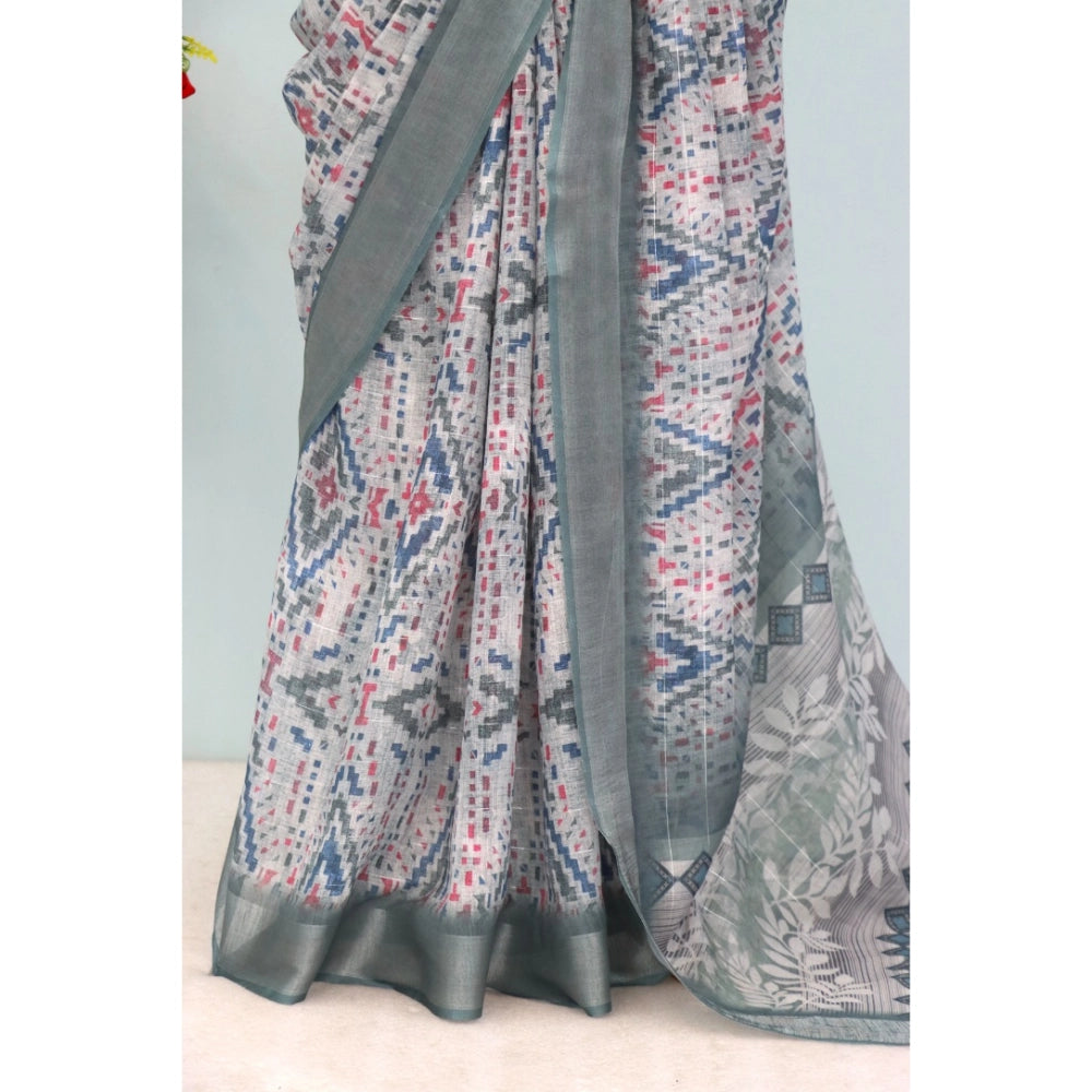 Generic Women's Linen Digital Print Saree With Unstitched Blouse 5.5Mtr (Grey)